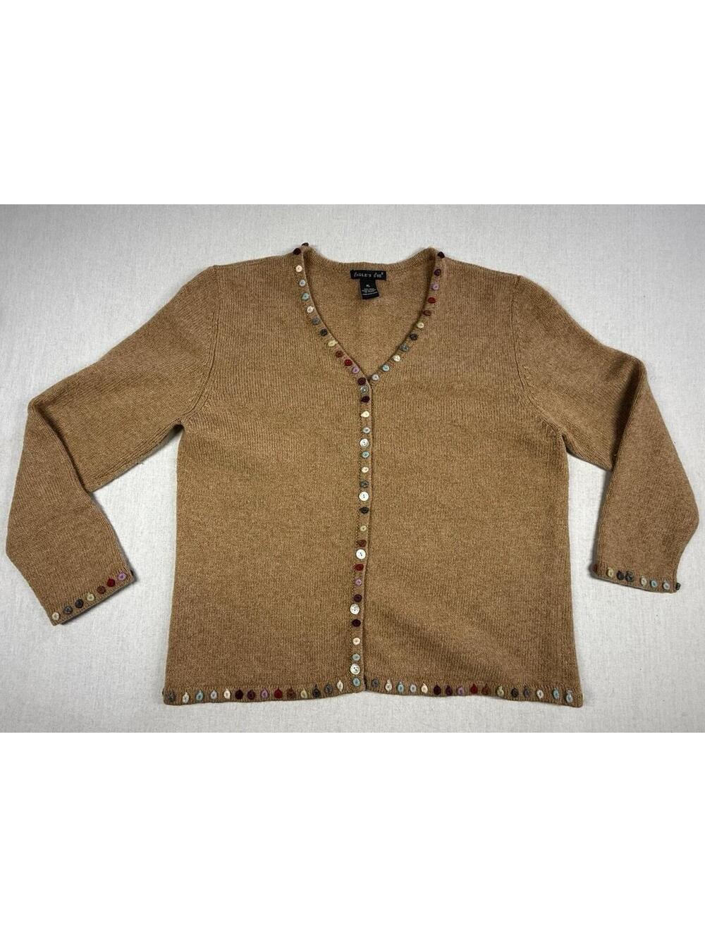 Vtg Eagles Eye Cardigan Sweater‎ Women XL Brown 100% Wool Cottagecore Boho Fairy